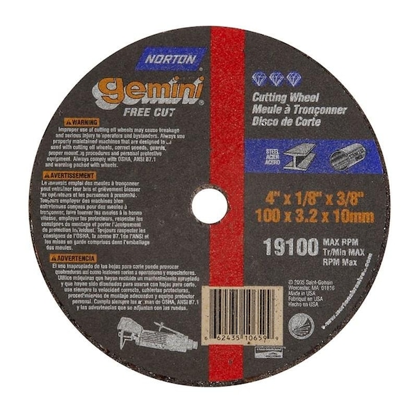Norton Co SMALL CUT-OFF BLADES, Type 1 - Metal - Gemini Aluminum Oxide, Size: 4 x 1/8 x 3/8, Max RPM: 19100 662435-10659 - main